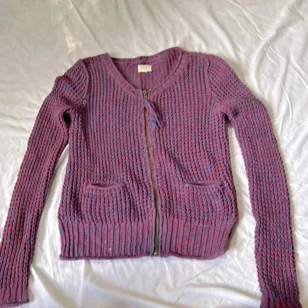 ARITZIA WILFRED FREE Blue Red Rib Knit Zip Up Cardigan Sweater Tassel Size S